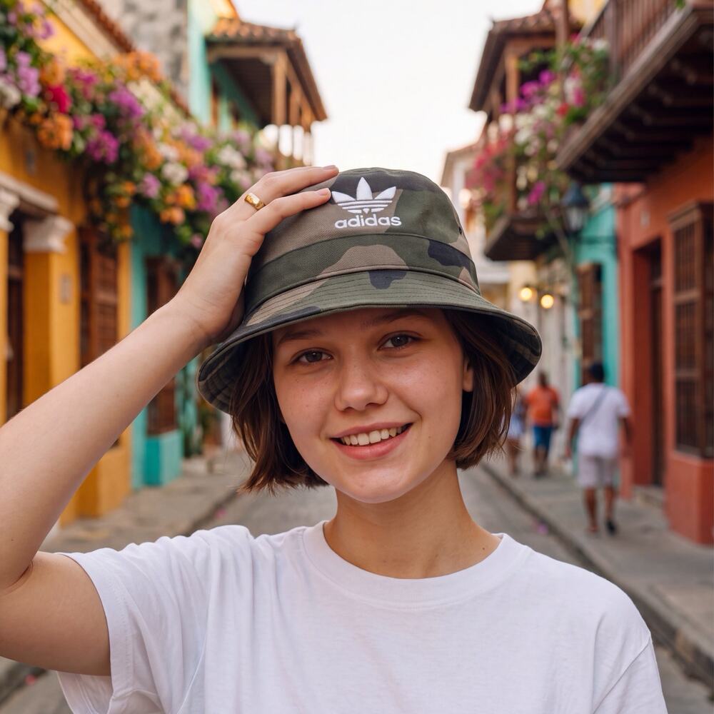 Adidas Originals Camo Trefoil Bucket Hat White Embroidered Logo